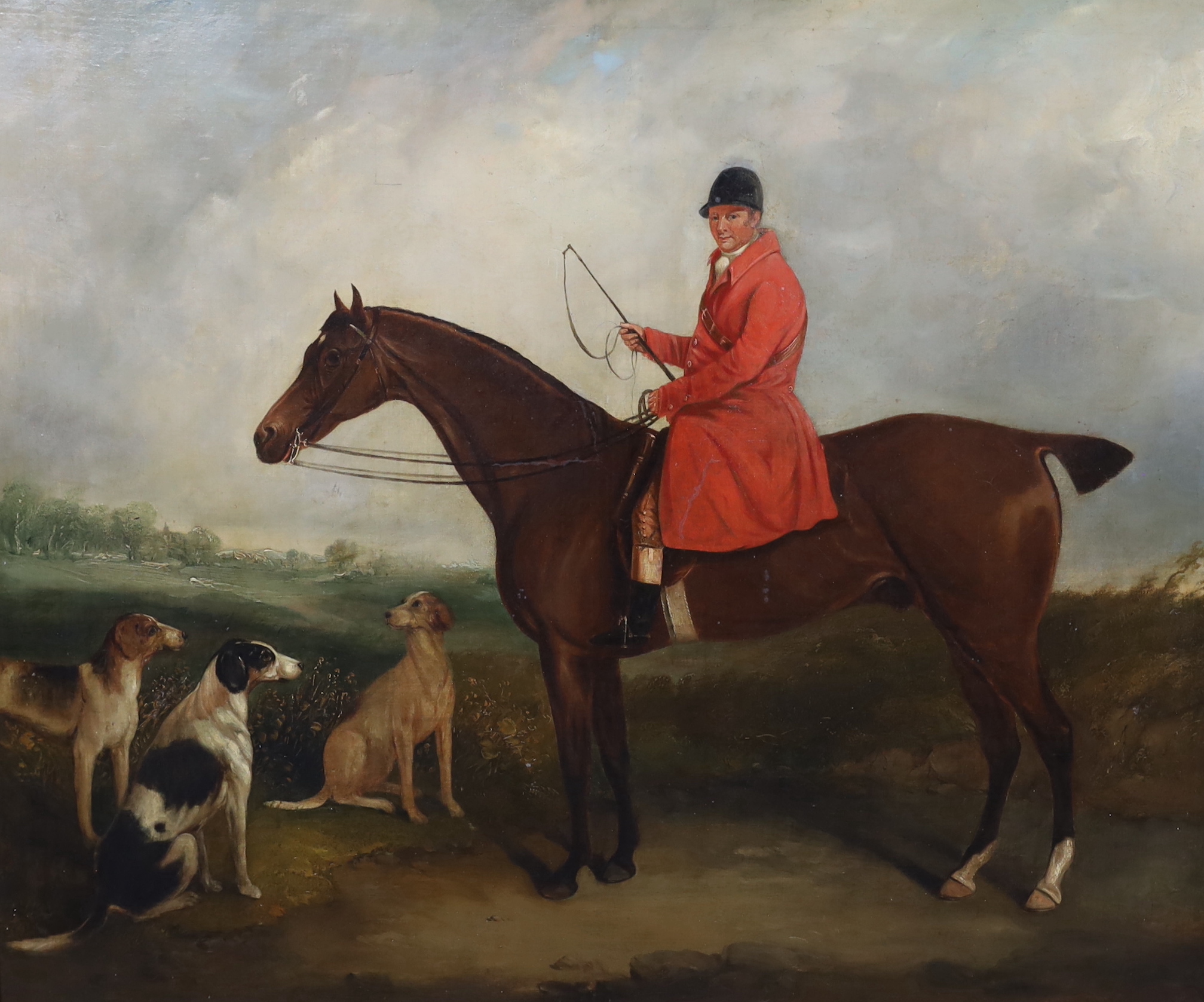 Circle of John Ferneley Snr (1762-1860), A huntsman and hounds in a landscape, oil on canvas, 69 x 81cm